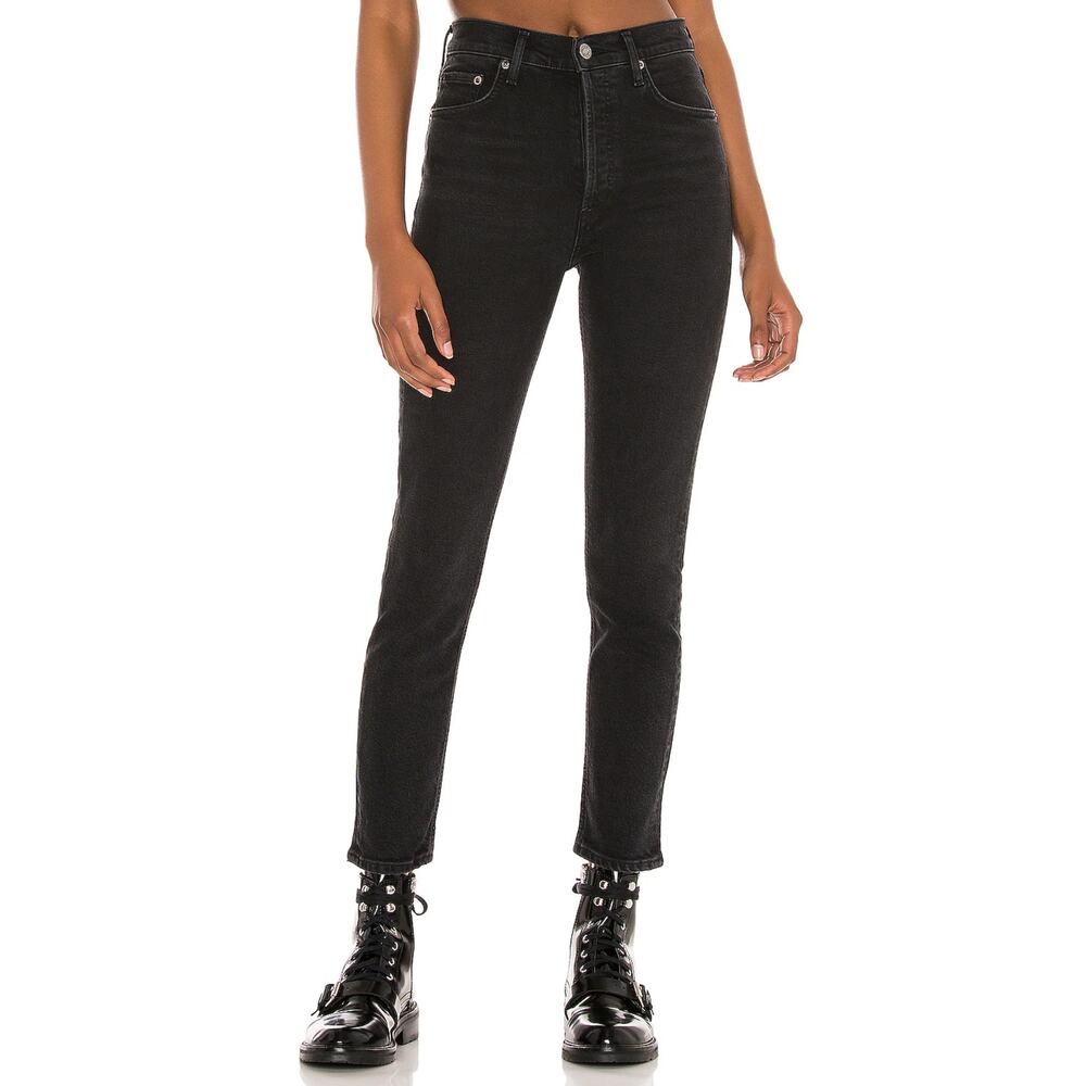 Agolde Nico Black High Rise Slim Fit Cotton Blend Button Skinny Jeans, size 32